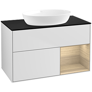 Villeroy und Boch Finion Waschtischunterschrank FA22PCMT 100cm, Abdeckplatte black matt, Regale Oak Veneer, White matt lacquer