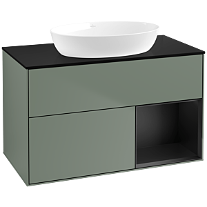 Villeroy et Boch Finion FA22PDGM 100cm, plaque de recouvrement noire mate, étagères Olive Matt Lacquer noir mat, Olive Matt Lacquer