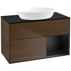 Villeroy und Boch Finion Waschtischunterschrank FA22PDGN 100cm, Abdeckplatte black matt, Regale Black matt lacquer, Walnut veneer
