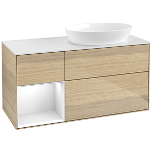 Villeroy und Boch Finion Waschtischunterschrank FA41GFPC 120cm, Abdeckplatte white matt, Regale Glossy white lacquer, Oak Veneer