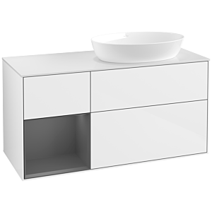 Villeroy et Boch Finion Villeroy et Boch FA41GKGF 120cm, plaque de recouvrement blanc mat, étagères laqué mat anthracite, laqué blanc brillant