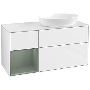 Villeroy und Boch Finion Waschtischunterschrank FA41GMGF 120cm, Abdeckplatte white matt, Regale Olive matt lacquer, Glossy white lacquer