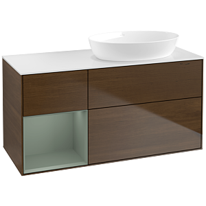 Villeroy und Boch Finion Waschtischunterschrank FA41GMGN 120cm, Abdeckplatte white matt, Regale Olive matt lacquer, Walnut veneer
