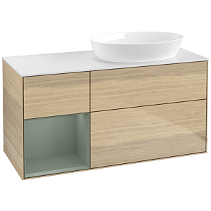 Villeroy und Boch Finion Waschtischunterschrank FA41GMPC 120cm, Abdeckplatte white matt, Regale Olive matt lacquer, Oak Veneer