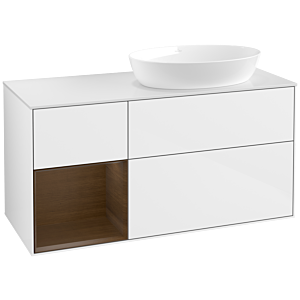 Villeroy und Boch Finion Waschtischunterschrank FA41GNGF 120cm, Abdeckplatte white matt, Regale Walnut Veneer, Glossy white lacquer
