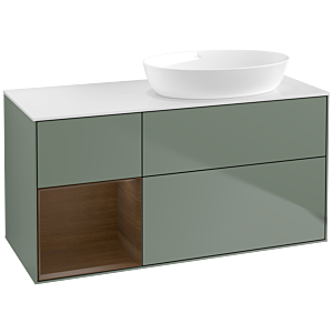 Villeroy und Boch Finion Waschtischunterschrank FA41GNGM 120cm, Abdeckplatte white matt, Regale Walnut Veneer, Olive Matt Lacquer