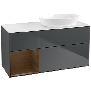 Villeroy und Boch Finion Waschtischunterschrank FA41GNHG 120cm, Abdeckplatte white matt, Regale Walnut Veneer, Midnight Blue Matt Lacquer