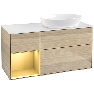 Villeroy und Boch Finion Waschtischunterschrank FA41HFPC 120cm, Abdeckplatte white matt, Regale Gold matt lacquer, Oak Veneer