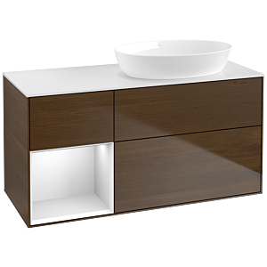 Villeroy et Boch Finion Villeroy et Boch lavabo FA41MTGN 120cm, plaque de finition blanc mat, étagères laqué blanc mat, placage noyer