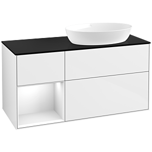 Villeroy und Boch Finion Waschtischunterschrank FA42GFGF 120cm, Abdeckplatte black matt, Regale Glossy white lacquer, Glossy white lacquer