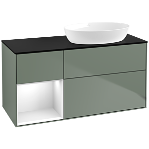 Villeroy und Boch Finion Waschtischunterschrank FA42GFGM 120cm, Abdeckplatte black matt, Regale Glossy white lacquer, Olive Matt Lacquer