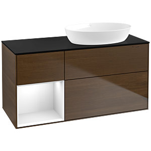 Villeroy und Boch Finion Waschtischunterschrank FA42GFGN 120cm, Abdeckplatte black matt, Regale Glossy white lacquer, Walnut veneer
