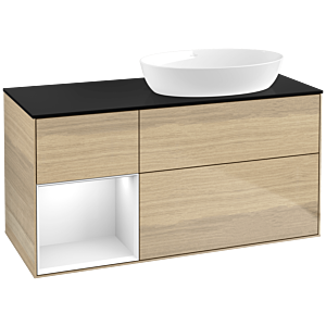 Villeroy und Boch Finion Waschtischunterschrank FA42GFPC 120cm, Abdeckplatte black matt, Regale Glossy white lacquer, Oak Veneer