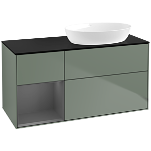 Villeroy und Boch Finion Waschtischunterschrank FA42GKGM 120cm, Abdeckplatte black matt, Regale Anthracite matt lacquer, Olive Matt Lacquer