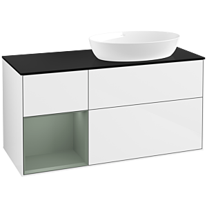 Villeroy et Boch Finion Villeroy et Boch FA42GMGF 120cm, plaque de recouvrement noir mat, étagères laqué olive mat, laqué blanc brillant