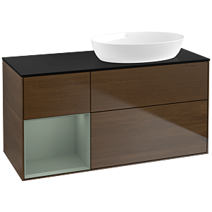 Villeroy und Boch Finion Waschtischunterschrank FA42GMGN 120cm, Abdeckplatte black matt, Regale Olive matt lacquer, Walnut veneer