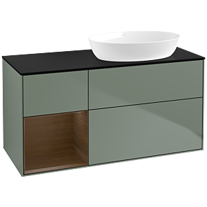 Villeroy und Boch Finion Waschtischunterschrank FA42GNGM 120cm, Abdeckplatte black matt, Regale Walnut Veneer, Olive Matt Lacquer