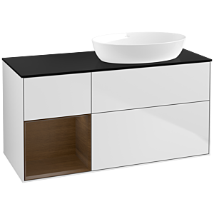 Villeroy und Boch Finion Waschtischunterschrank FA42GNMT 120cm, Abdeckplatte black matt, Regale Walnut Veneer, White matt lacquer