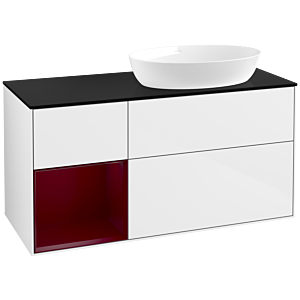 Villeroy und Boch Finion Waschtischunterschrank FA42HBGF 120cm, Abdeckplatte black matt, Regale Peony matt lacquer, Glossy white lacquer