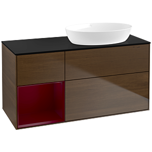 Villeroy und Boch Finion Waschtischunterschrank FA42HBGN 120cm, Abdeckplatte black matt, Regale Peony matt lacquer, Walnut veneer