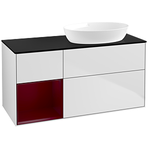 Villeroy und Boch Finion Waschtischunterschrank FA42HBMT 120cm, Abdeckplatte black matt, Regale Peony matt lacquer, White matt lacquer