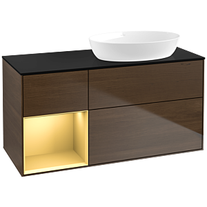 Villeroy und Boch Finion Waschtischunterschrank FA42HFGN 120cm, Abdeckplatte black matt, Regale Gold matt lacquer, Walnut veneer