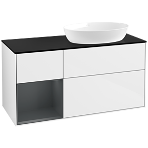 Villeroy und Boch Finion Waschtischunterschrank FA42HGGF 120cm, Abdeckplatte black matt, Regale Midnight matt lacquer, Glossy white lacquer