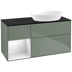Villeroy et Boch Finion Villeroy et Boch FA42MTGM 120cm, plaque de recouvrement noir mat, étagères laqué blanc mat, Olive Matt Lacquer
