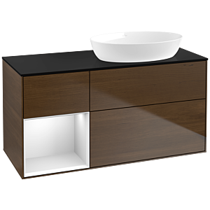 Villeroy und Boch Finion Waschtischunterschrank FA42MTGN 120cm, Abdeckplatte black matt, Regale White matt lacquer, Walnut veneer