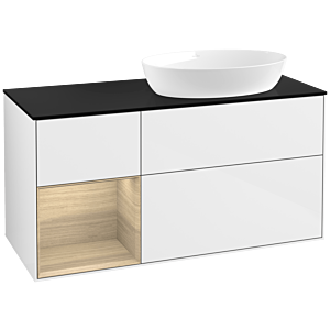 Villeroy et Boch Finion Villeroy et Boch FA42PCGF 120cm, plaque de recouvrement noir mat, étagères Oak Veneer , laqué blanc brillant