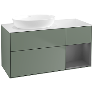 Villeroy und Boch Finion Waschtischunterschrank FA51GKGM 120cm, Abdeckplatte white matt, Regale Anthracite matt lacquer, Olive Matt Lacquer