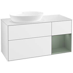 Villeroy und Boch Finion Waschtischunterschrank FA51GMGF 120cm, Abdeckplatte white matt, Regale Olive matt lacquer, Glossy white lacquer