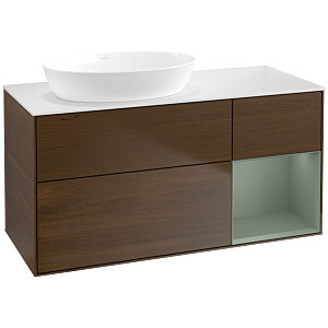 Villeroy und Boch Finion Waschtischunterschrank FA51GMGN 120cm, Abdeckplatte white matt, Regale Olive matt lacquer, Walnut veneer