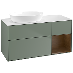 Villeroy und Boch Finion Waschtischunterschrank FA51GNGM 120cm, Abdeckplatte white matt, Regale Walnut Veneer, Olive Matt Lacquer