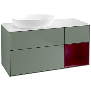 Villeroy und Boch Finion Waschtischunterschrank FA51HBGM 120cm, Abdeckplatte white matt, Regale Peony matt lacquer, Olive Matt Lacquer