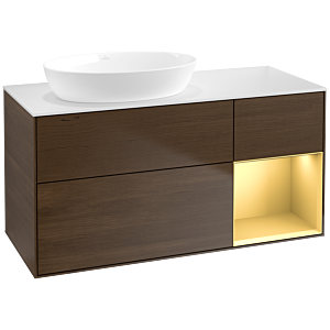 Villeroy und Boch Finion Waschtischunterschrank FA51HFGN 120cm, Abdeckplatte white matt, Regale Gold matt lacquer, Walnut veneer