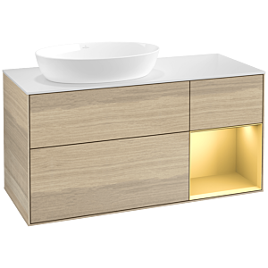 Villeroy und Boch Finion Waschtischunterschrank FA51HFPC 120cm, Abdeckplatte white matt, Regale Gold matt lacquer, Oak Veneer