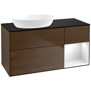 Villeroy und Boch Finion Waschtischunterschrank FA52GFGN 120cm, Abdeckplatte black matt, Regale Glossy white lacquer, Walnut veneer