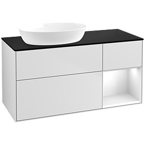 Villeroy et Boch Finion Villeroy et Boch FA52GFMT 120cm, plaque de recouvrement noir mat, étagères laqué blanc brillant, laqué blanc mat