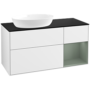 Villeroy und Boch Finion Waschtischunterschrank FA52GMGF 120cm, Abdeckplatte black matt, Regale Olive matt lacquer, Glossy white lacquer