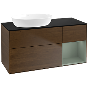 Villeroy und Boch Finion Waschtischunterschrank FA52GMGN 120cm, Abdeckplatte black matt, Regale Olive matt lacquer, Walnut veneer