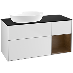 Villeroy und Boch Finion Waschtischunterschrank FA52GNMT 120cm, Abdeckplatte black matt, Regale Walnut Veneer, White matt lacquer