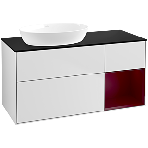 Villeroy und Boch Finion Waschtischunterschrank FA52HBMT 120cm, Abdeckplatte black matt, Regale Peony matt lacquer, White matt lacquer
