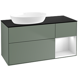 Villeroy et Boch Finion Villeroy et Boch FA52MTGM 120cm, plaque de recouvrement noir mat, étagères laqué blanc mat, Olive Matt Lacquer