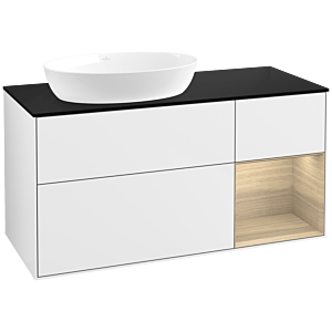 Villeroy und Boch Finion Waschtischunterschrank FA52PCGF 120cm, Abdeckplatte black matt, Regale Oak Veneer, Glossy white lacquer