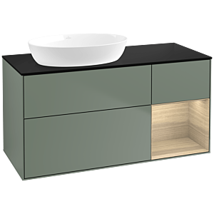 Villeroy und Boch Finion Waschtischunterschrank FA52PCGM 120cm, Abdeckplatte black matt, Regale Oak Veneer, Olive Matt Lacquer