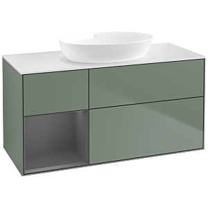 Villeroy und Boch Finion Waschtischunterschrank FA61GKGM 120cm, Abdeckplatte white matt, Regale Anthracite matt lacquer, Olive Matt Lacquer
