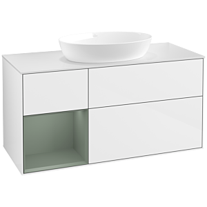 Villeroy et Boch Finion Villeroy et Boch FA61GMGF 120cm, plaque de recouvrement blanc mat, étagères laqué olive mat, laqué blanc brillant