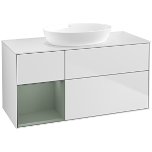 Villeroy und Boch Finion Waschtischunterschrank FA61GMMT 120cm, Abdeckplatte white matt, Regale Olive matt lacquer, White matt lacquer