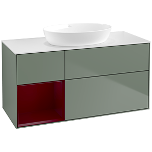 Villeroy und Boch Finion Waschtischunterschrank FA61HBGM 120cm, Abdeckplatte white matt, Regale Peony matt lacquer, Olive Matt Lacquer